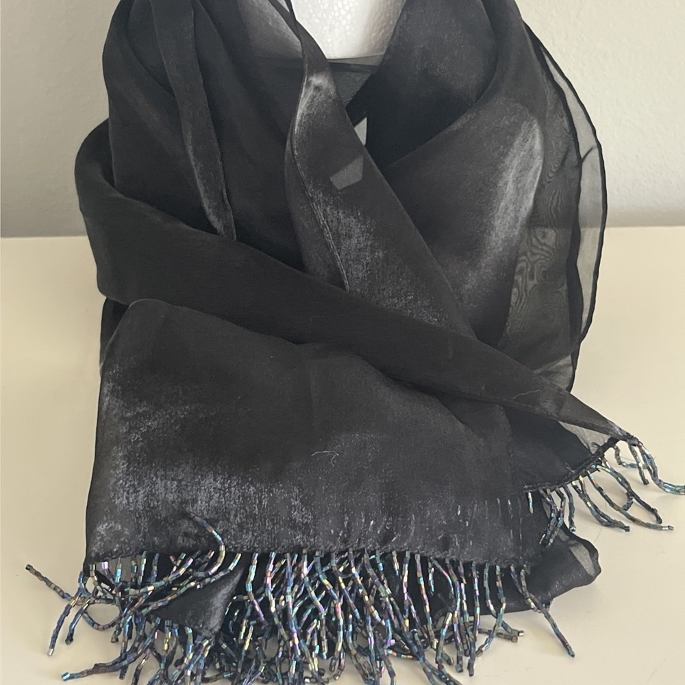 LIZ CLAIBORNE Black Sheer Scarf Shawl with Beaded Fringe 80X20 Made in India